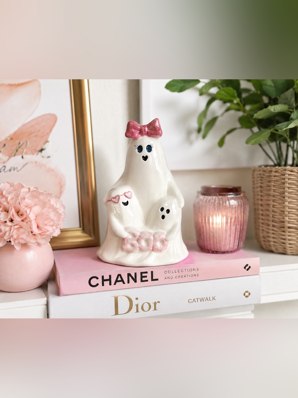Ceramic Ghost Family Figurine Pink Bows BOO Spooky Cute Halloween Decor